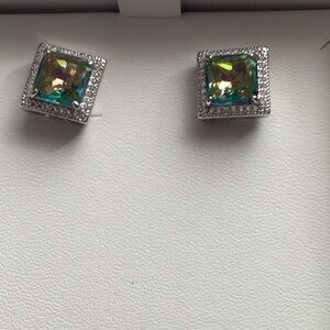 Iridescent Green Square Crystal Stud Earrings in Silver-Tone
